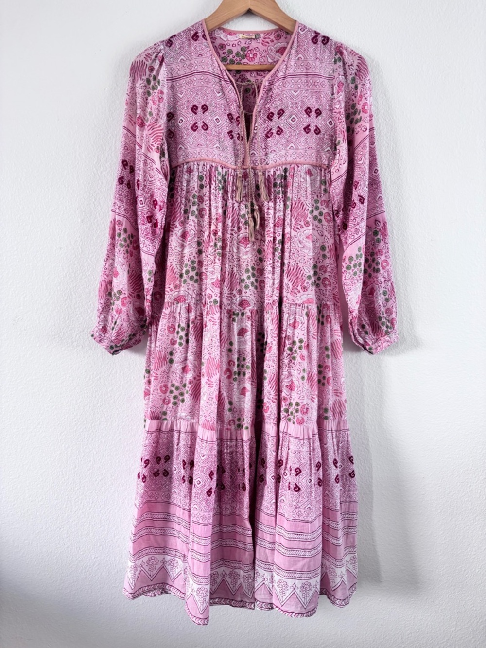 Matta Yamini Booj Block Print Cotton Tiered Midi Dress - Pink/Mauve Small S